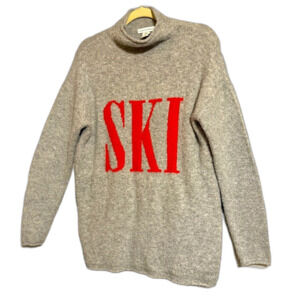 cupcakes & cashmere Gray Turtleneck Sweater with Red 'SKI'